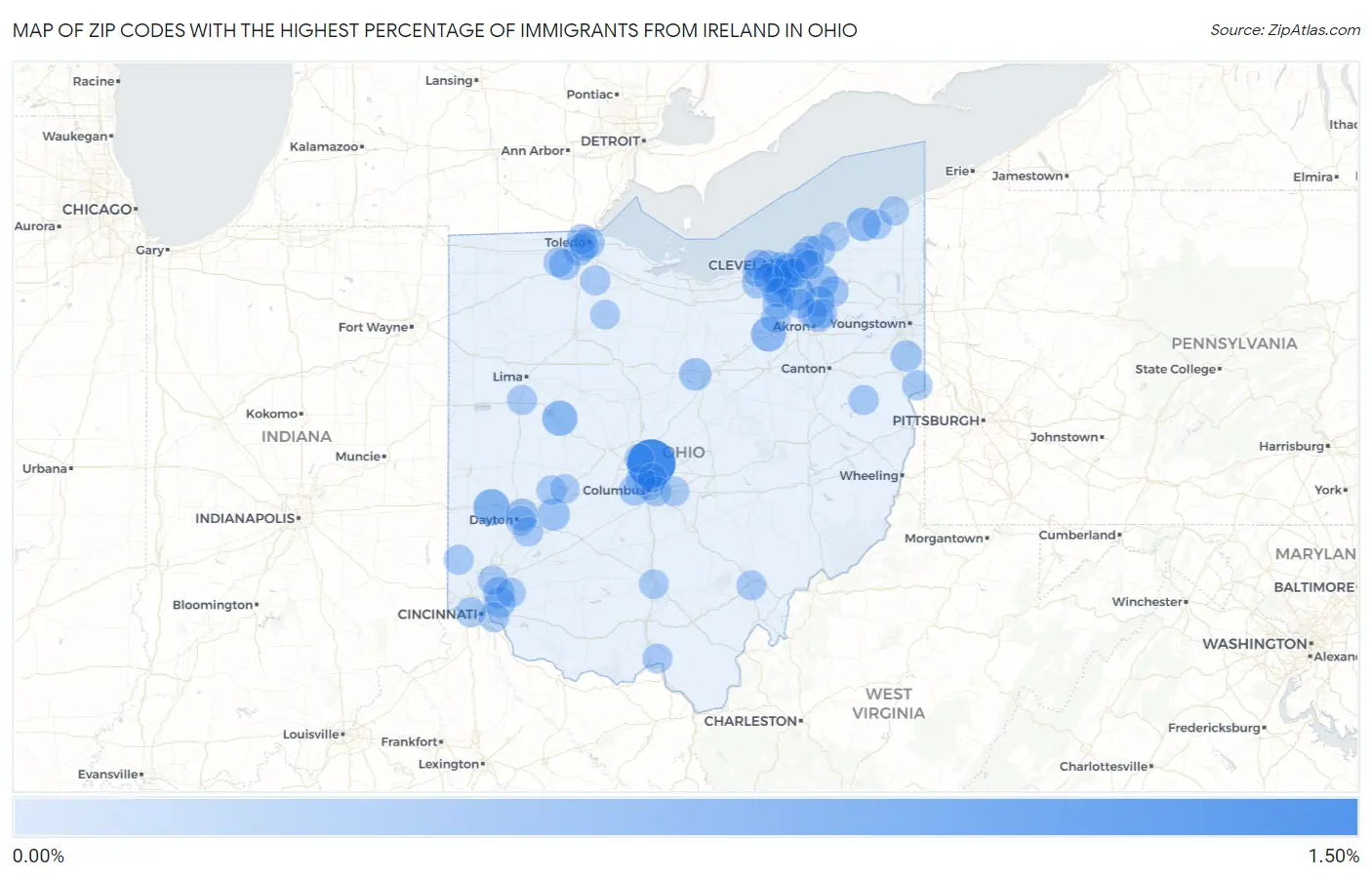 Zip Codes with the Highest Percentage of Immigrants from Ireland in Ohio Map