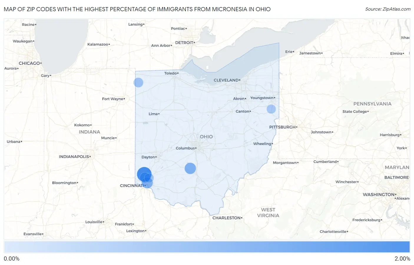 Zip Codes with the Highest Percentage of Immigrants from Micronesia in Ohio Map