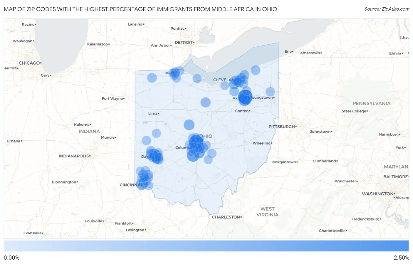 Zip Codes with the Highest Percentage of Immigrants from Middle Africa in Ohio Map