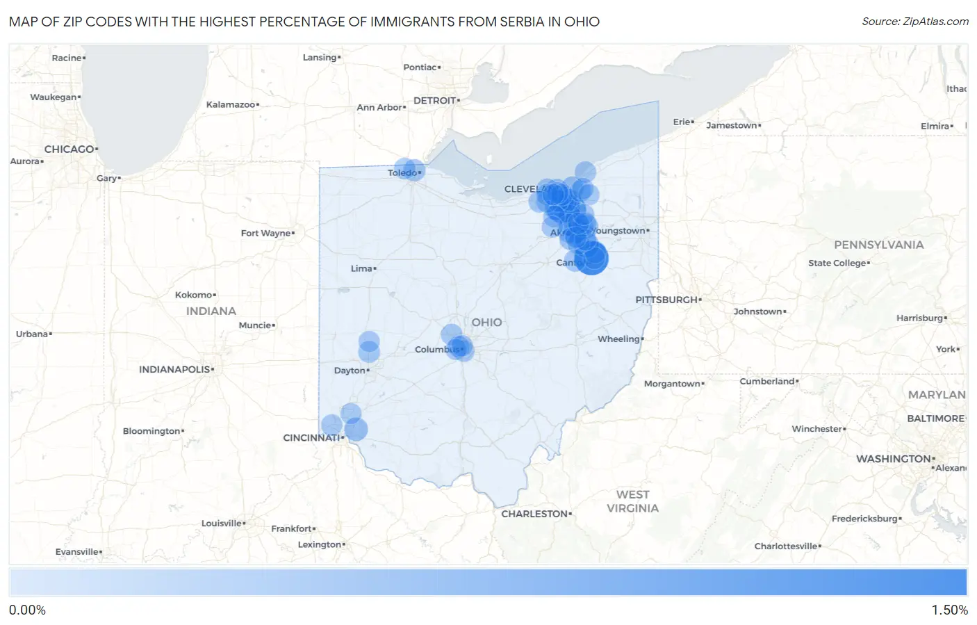 Zip Codes with the Highest Percentage of Immigrants from Serbia in Ohio Map