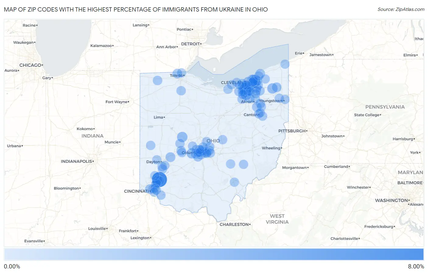Zip Codes with the Highest Percentage of Immigrants from Ukraine in Ohio Map