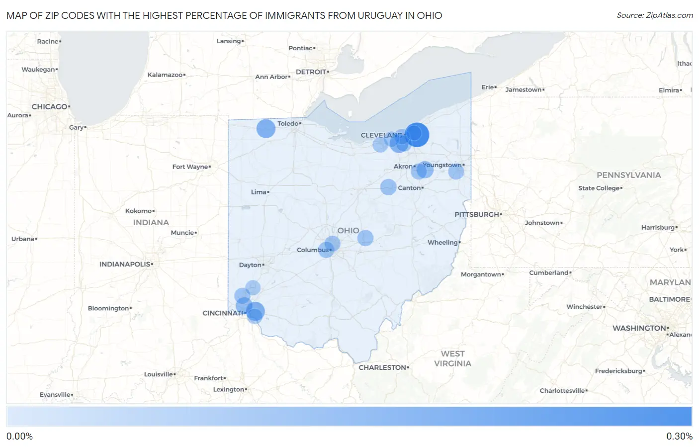 Zip Codes with the Highest Percentage of Immigrants from Uruguay in Ohio Map