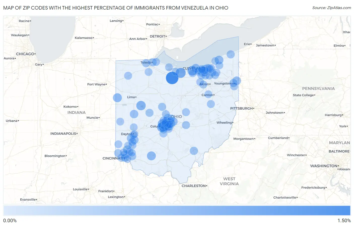 Zip Codes with the Highest Percentage of Immigrants from Venezuela in Ohio Map