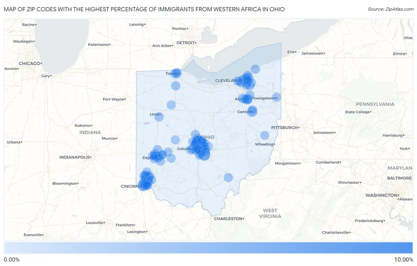 Zip Codes with the Highest Percentage of Immigrants from Western Africa in Ohio Map