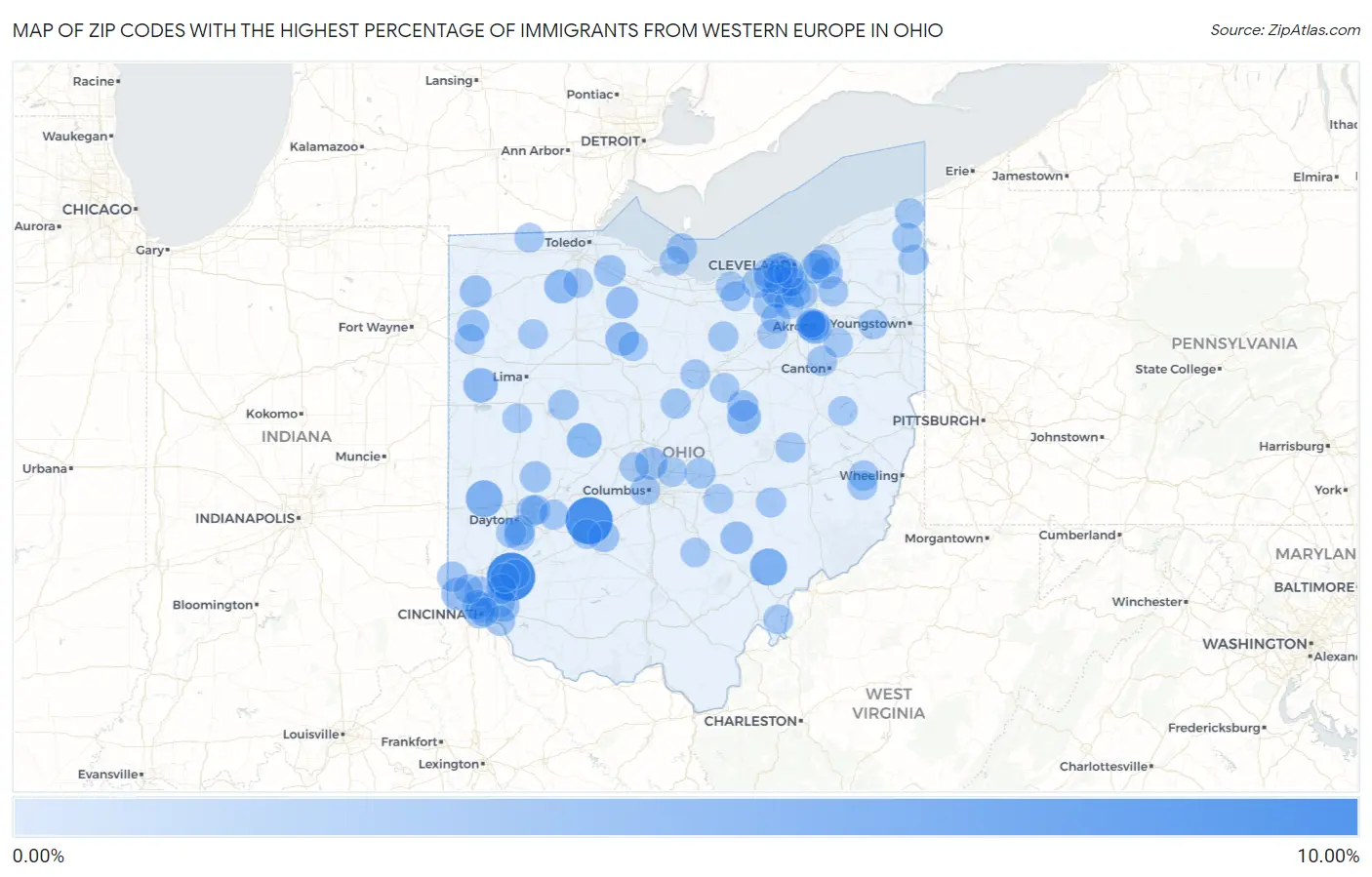 Zip Codes with the Highest Percentage of Immigrants from Western Europe in Ohio Map