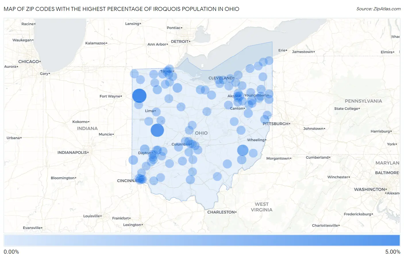 Zip Codes with the Highest Percentage of Iroquois Population in Ohio Map