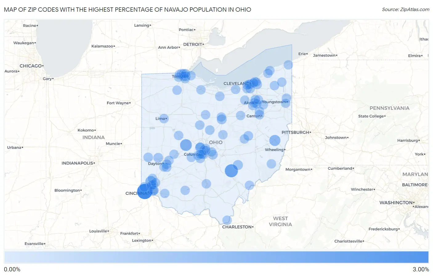 Zip Codes with the Highest Percentage of Navajo Population in Ohio Map