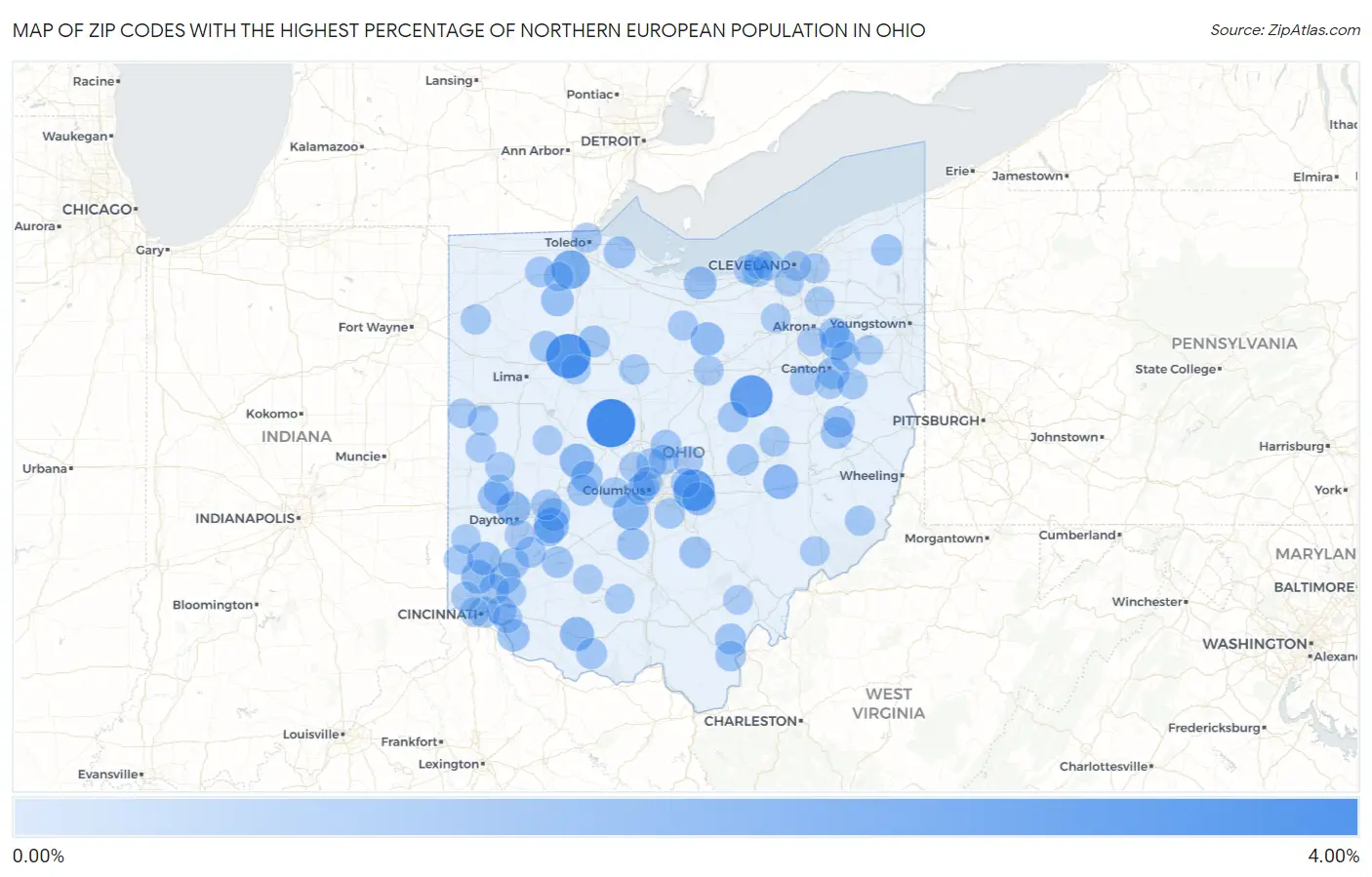 Zip Codes with the Highest Percentage of Northern European Population in Ohio Map