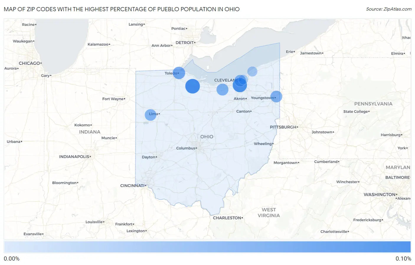 Zip Codes with the Highest Percentage of Pueblo Population in Ohio Map