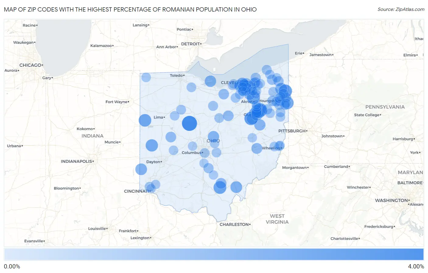 Zip Codes with the Highest Percentage of Romanian Population in Ohio Map