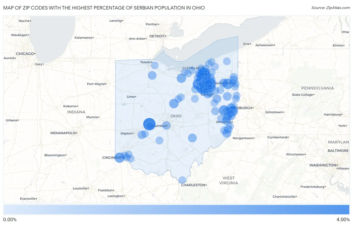 Zip Codes with the Highest Percentage of Serbian Population in Ohio Map