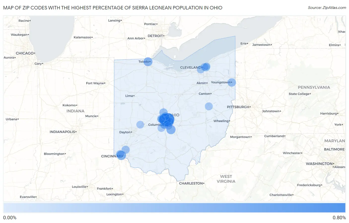 Zip Codes with the Highest Percentage of Sierra Leonean Population in Ohio Map