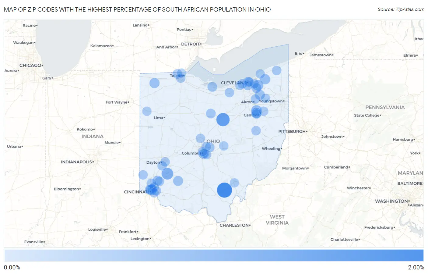 Zip Codes with the Highest Percentage of South African Population in Ohio Map