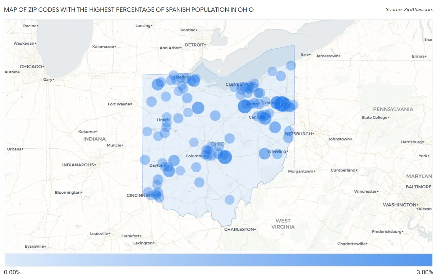Zip Codes with the Highest Percentage of Spanish Population in Ohio Map