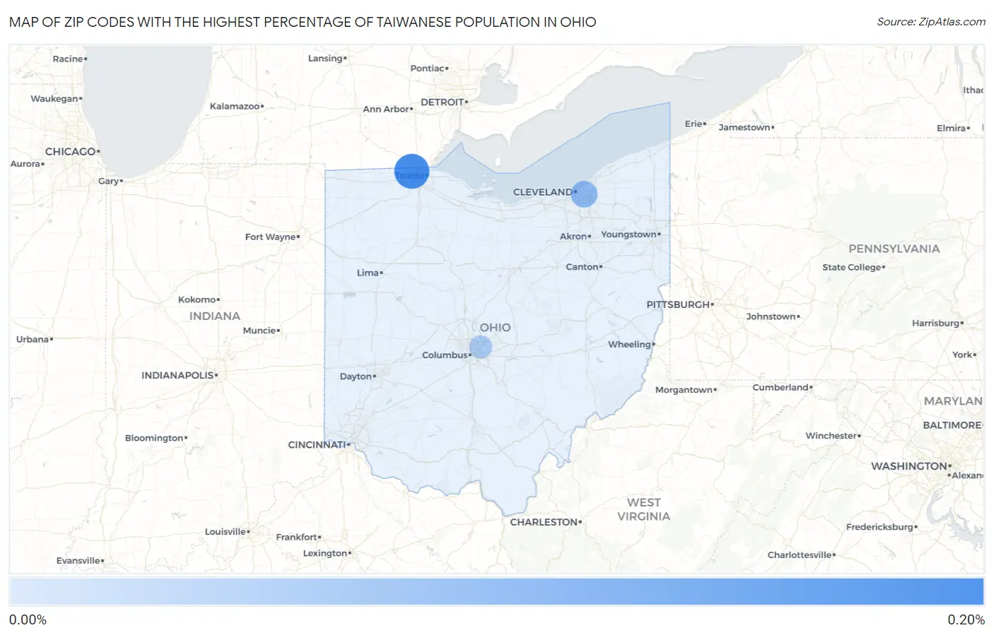 Zip Codes with the Highest Percentage of Taiwanese Population in Ohio Map