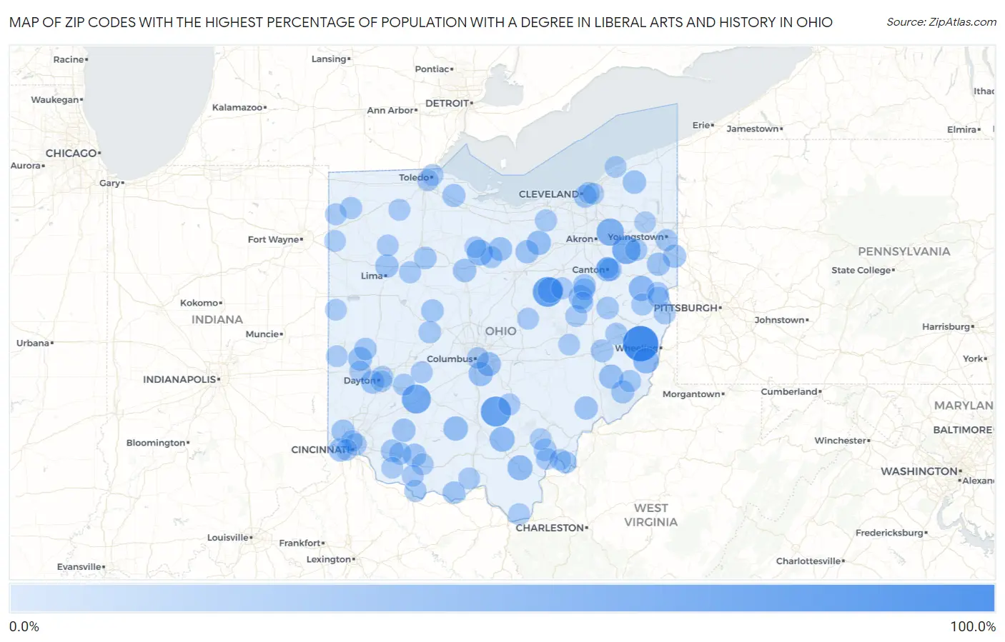 Zip Codes with the Highest Percentage of Population with a Degree in Liberal Arts and History in Ohio Map