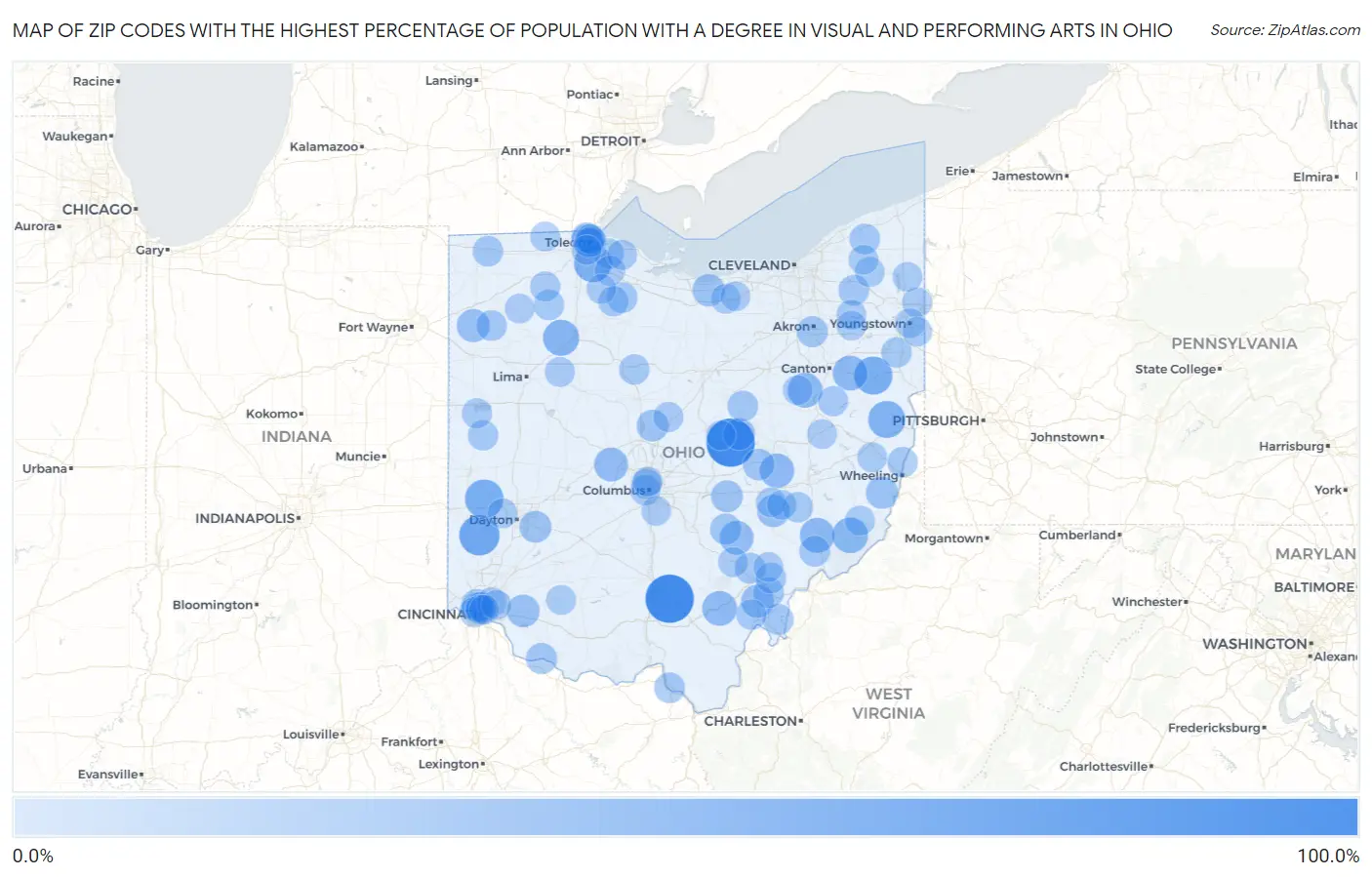Zip Codes with the Highest Percentage of Population with a Degree in Visual and Performing Arts in Ohio Map