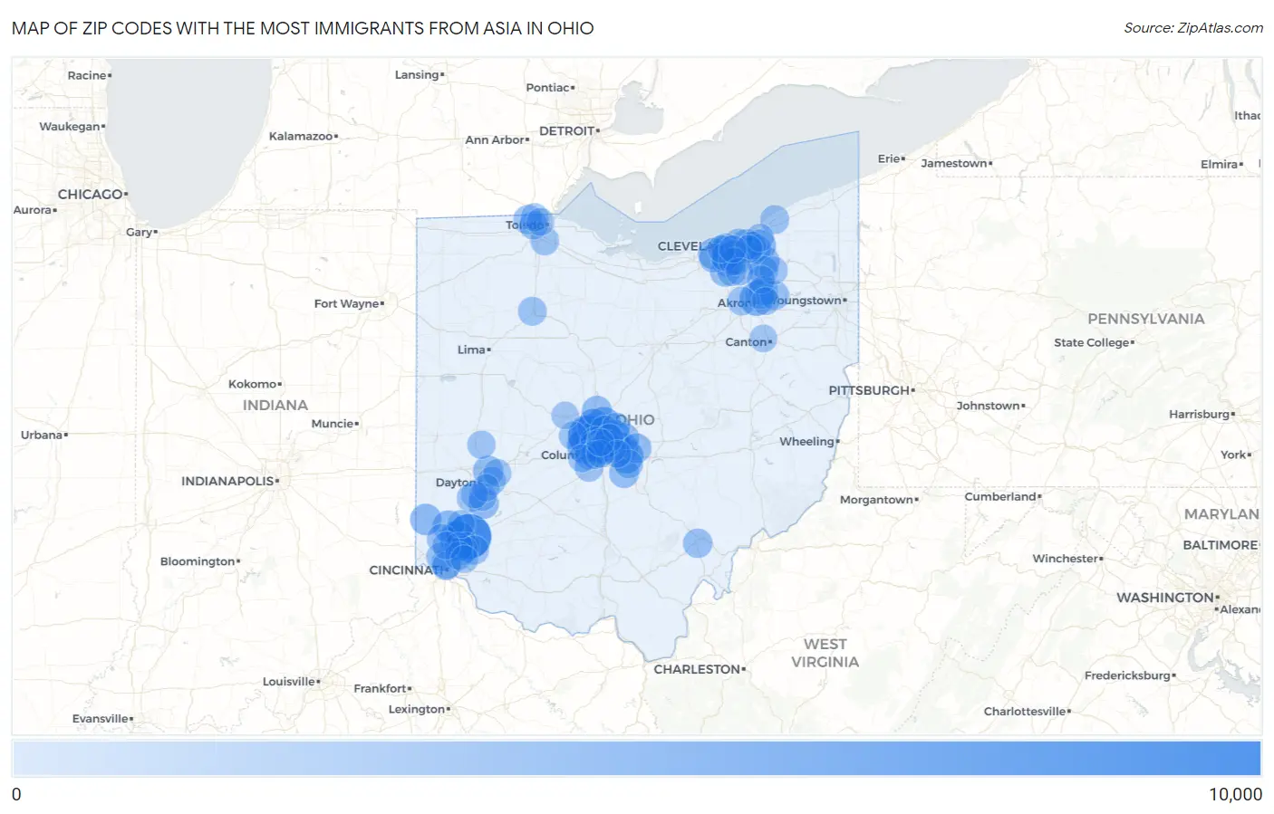 Zip Codes with the Most Immigrants from Asia in Ohio Map