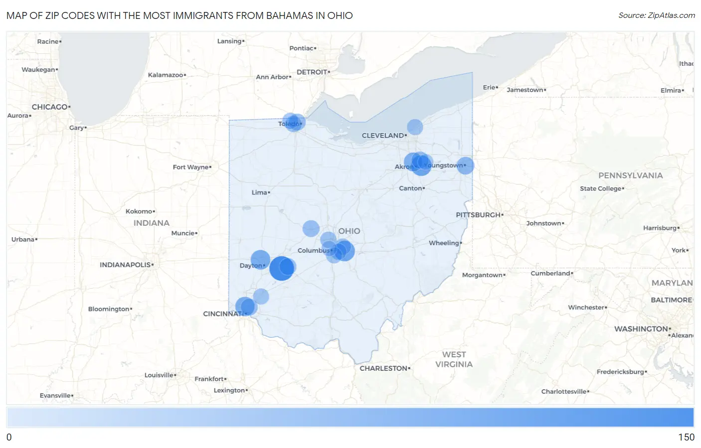 Zip Codes with the Most Immigrants from Bahamas in Ohio Map