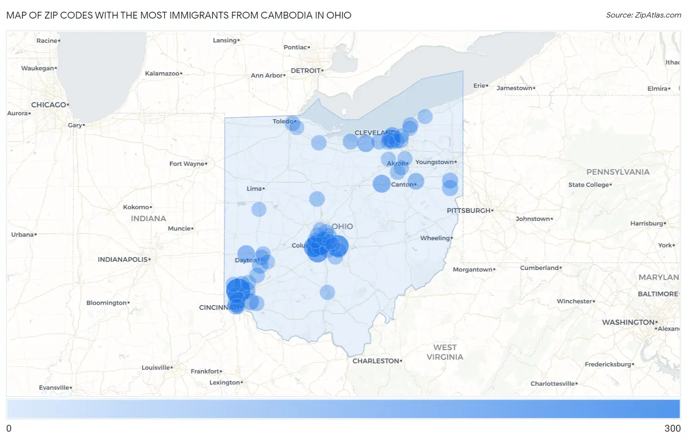 Zip Codes with the Most Immigrants from Cambodia in Ohio Map