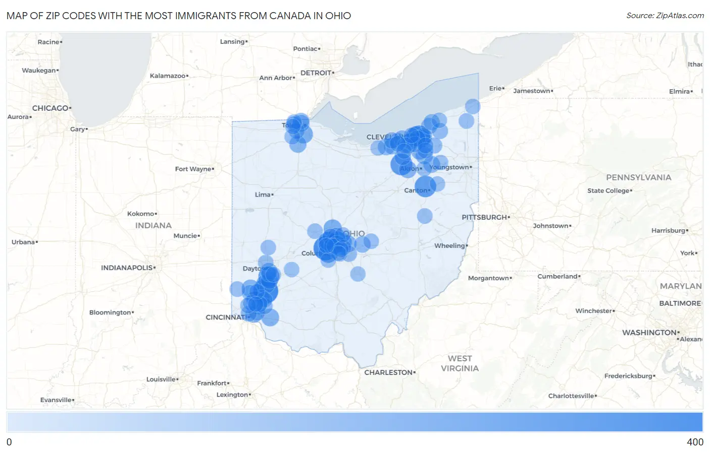 Zip Codes with the Most Immigrants from Canada in Ohio Map