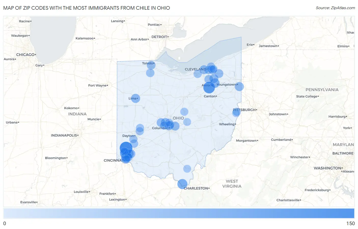 Zip Codes with the Most Immigrants from Chile in Ohio Map