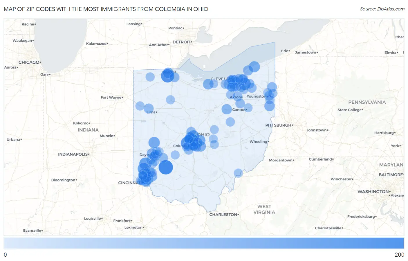 Zip Codes with the Most Immigrants from Colombia in Ohio Map