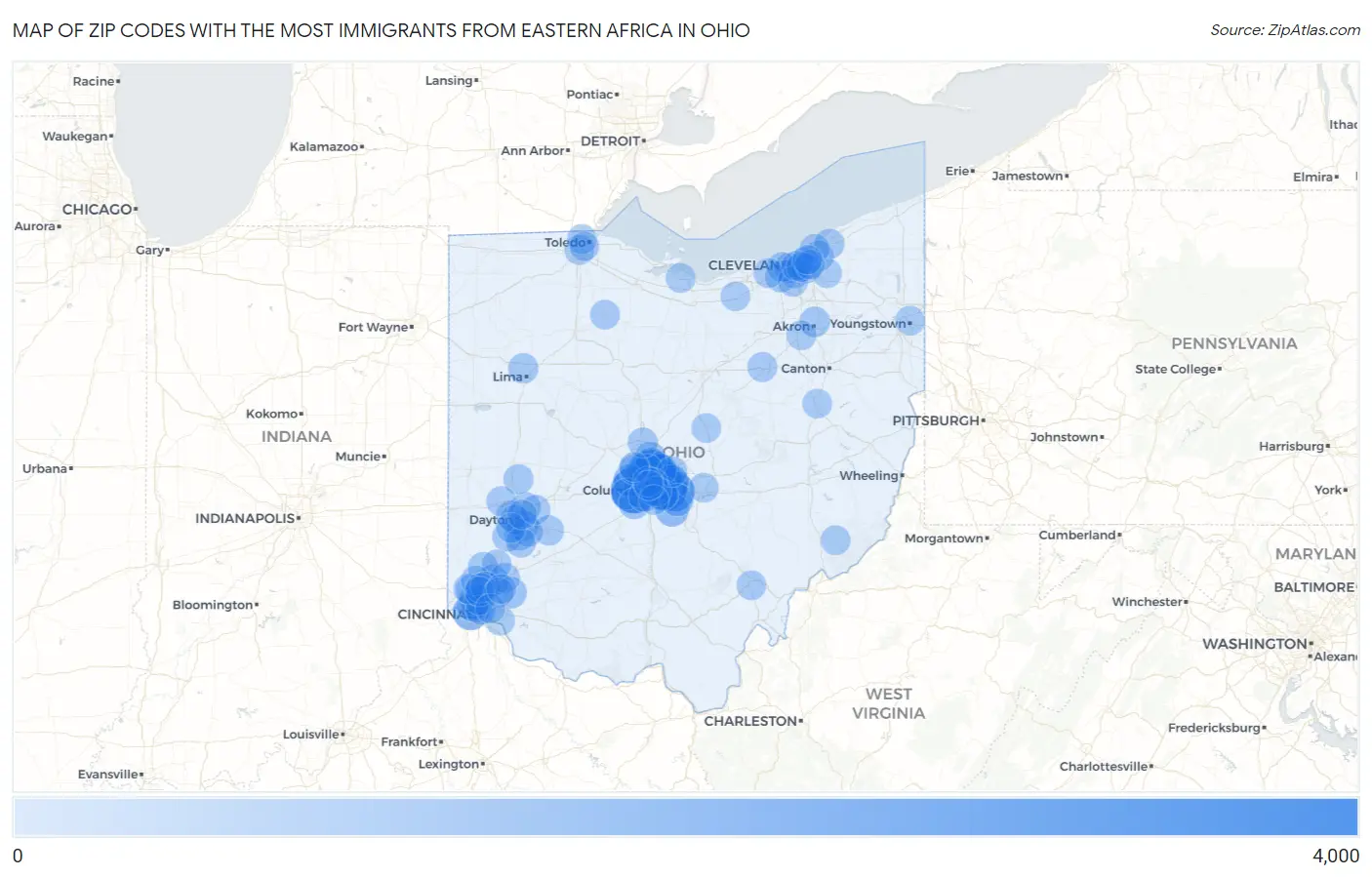 Zip Codes with the Most Immigrants from Eastern Africa in Ohio Map