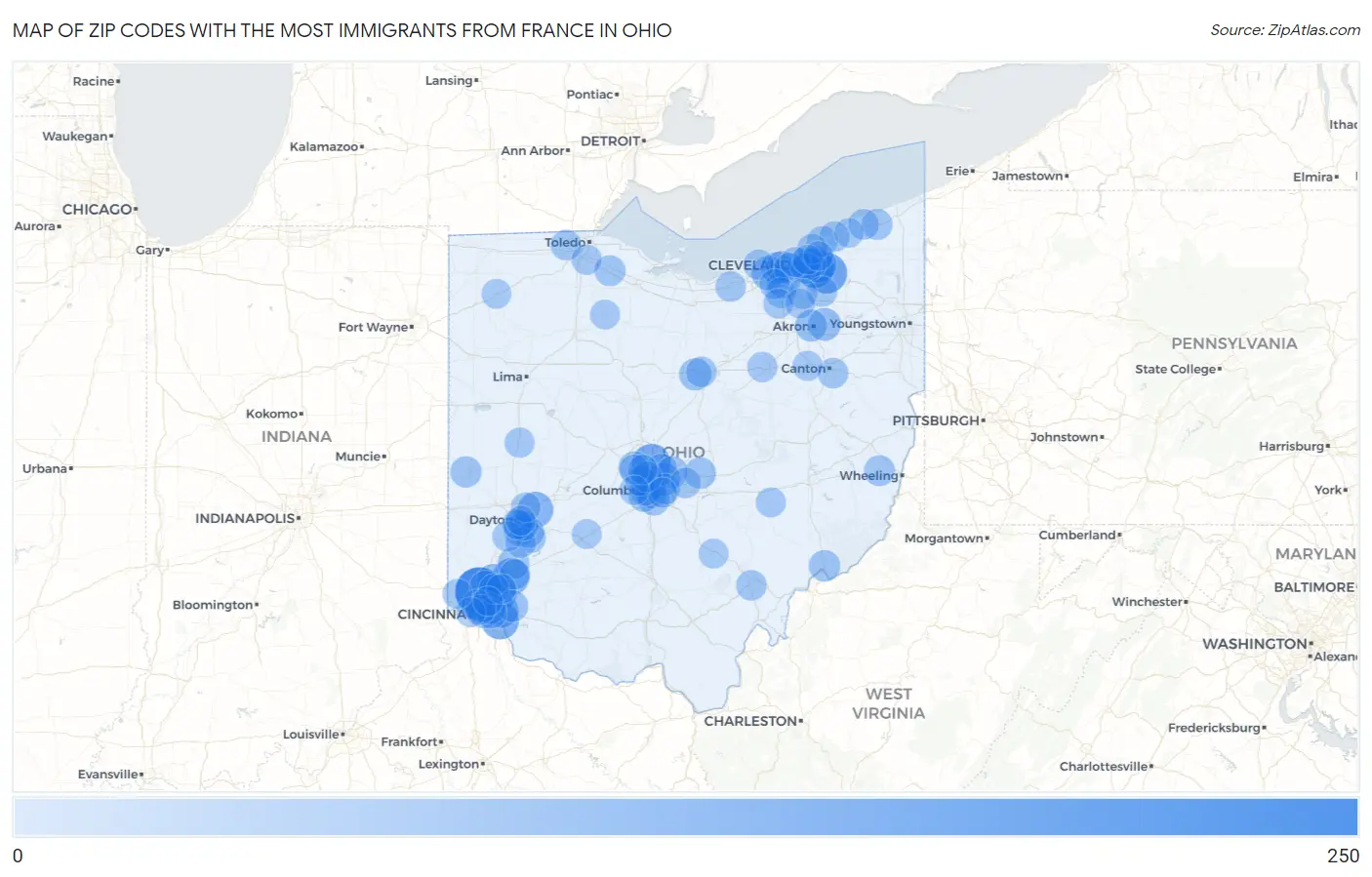 Zip Codes with the Most Immigrants from France in Ohio Map