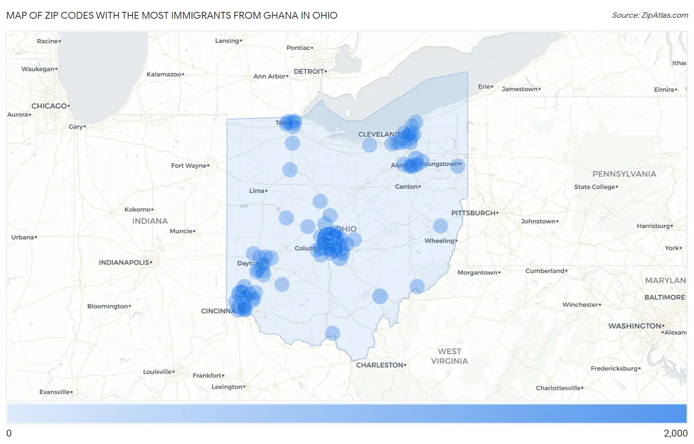 Zip Codes with the Most Immigrants from Ghana in Ohio Map