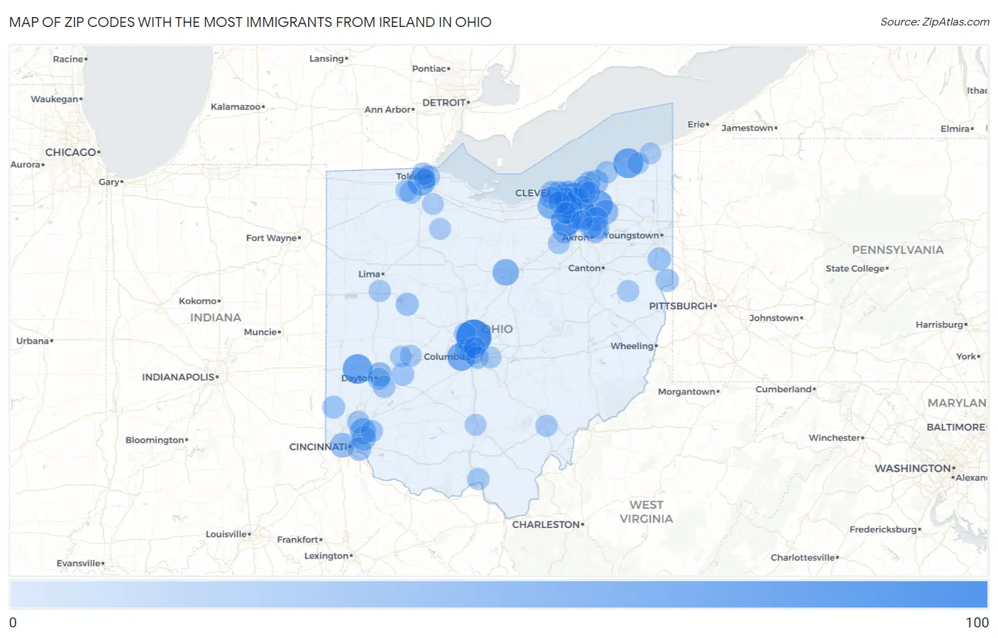 Zip Codes with the Most Immigrants from Ireland in Ohio Map
