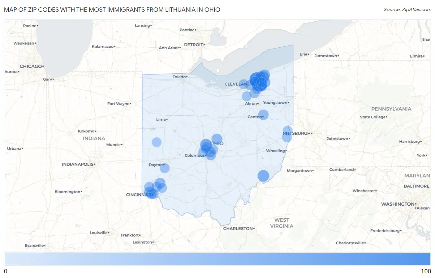 Zip Codes with the Most Immigrants from Lithuania in Ohio Map