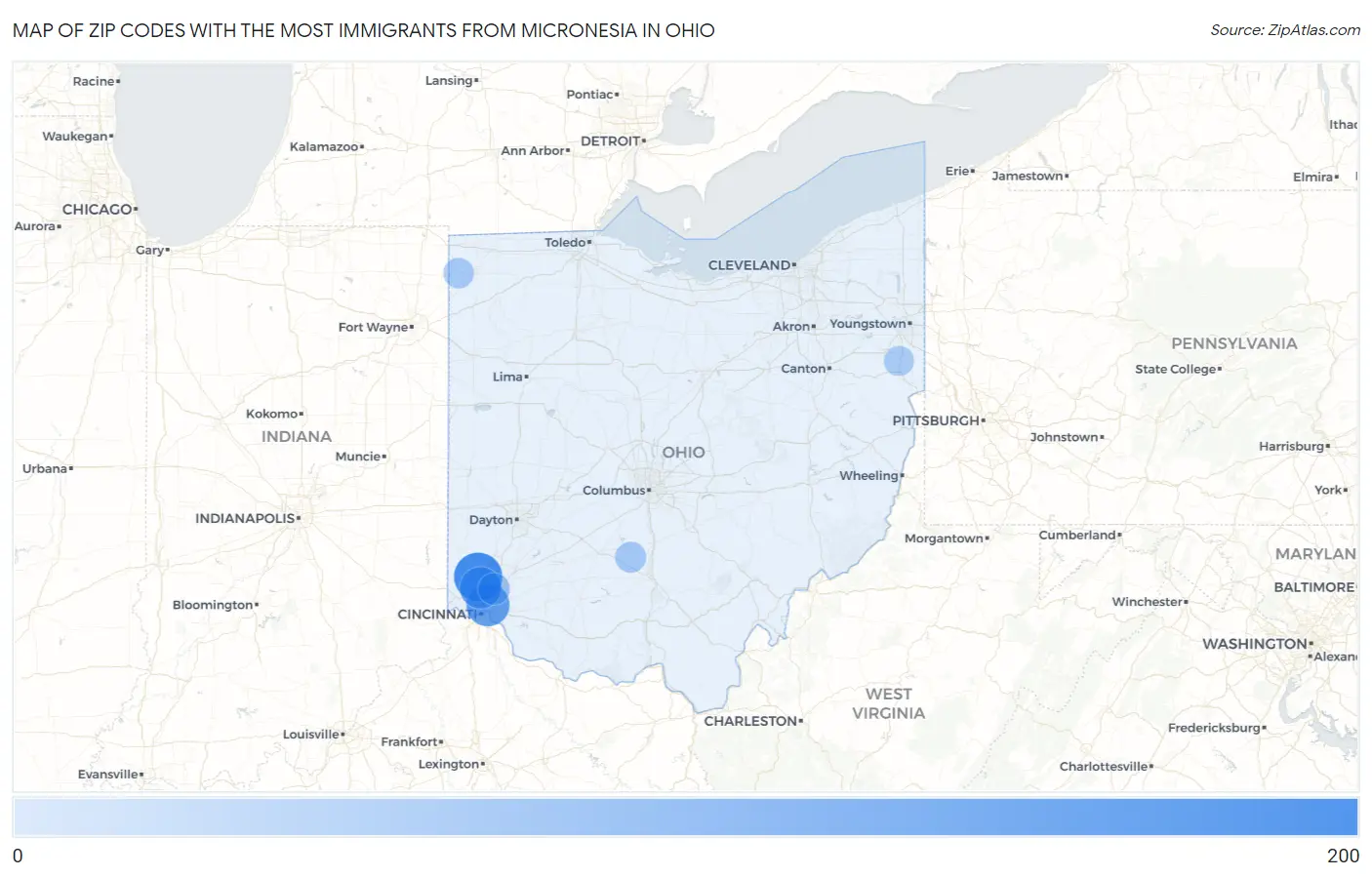 Zip Codes with the Most Immigrants from Micronesia in Ohio Map