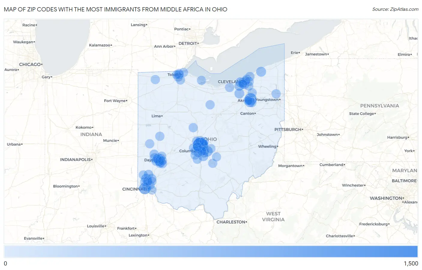 Zip Codes with the Most Immigrants from Middle Africa in Ohio Map