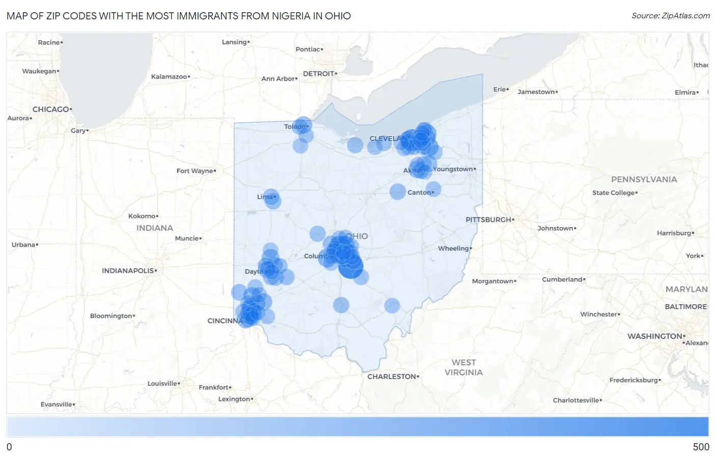 Zip Codes with the Most Immigrants from Nigeria in Ohio Map