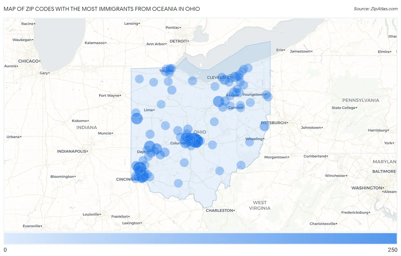 Zip Codes with the Most Immigrants from Oceania in Ohio Map