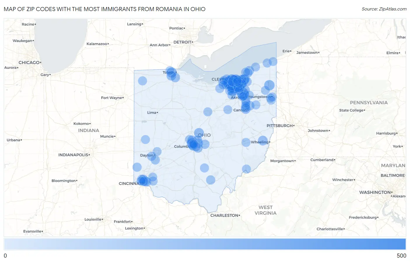 Zip Codes with the Most Immigrants from Romania in Ohio Map