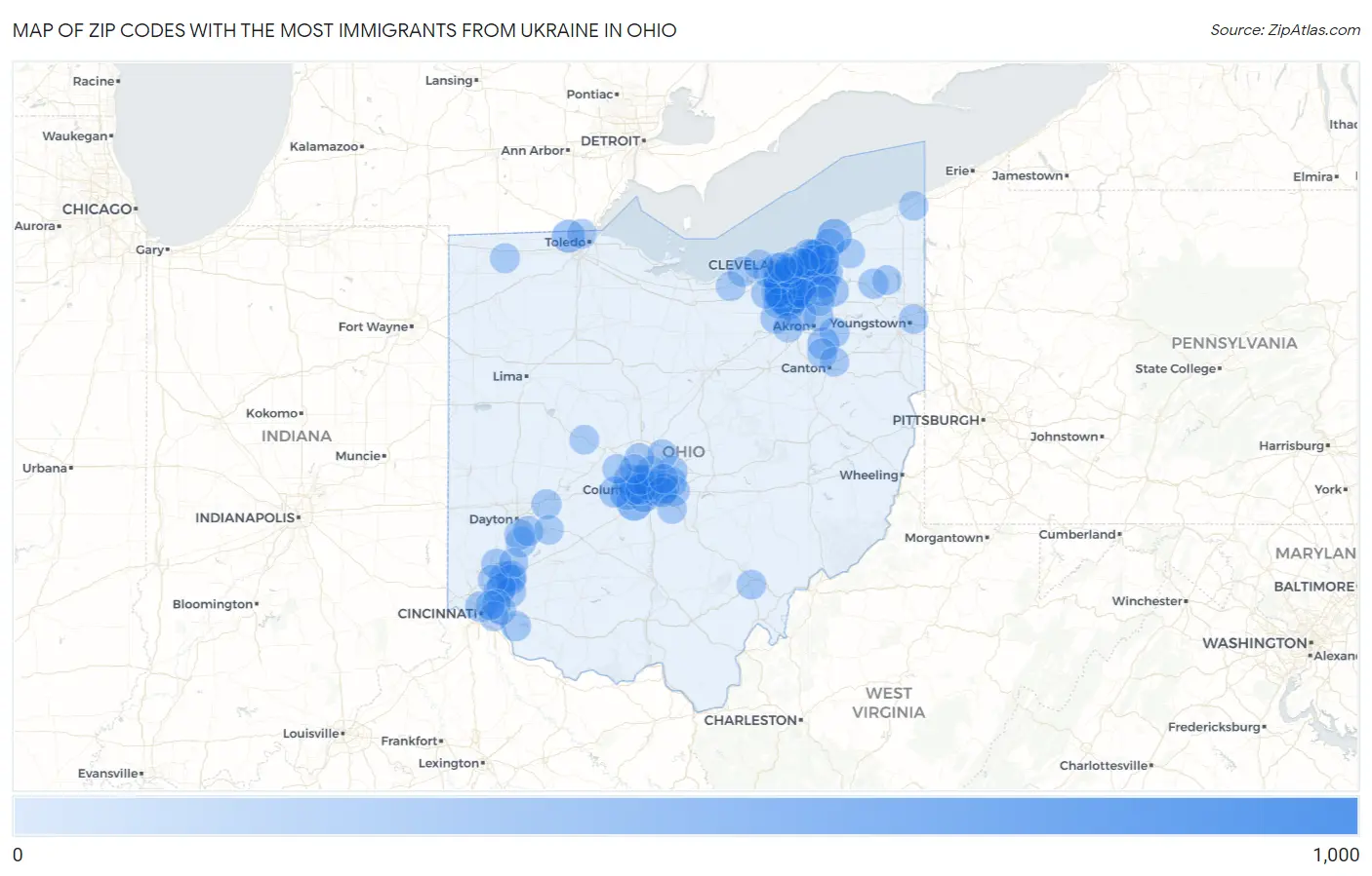 Zip Codes with the Most Immigrants from Ukraine in Ohio Map