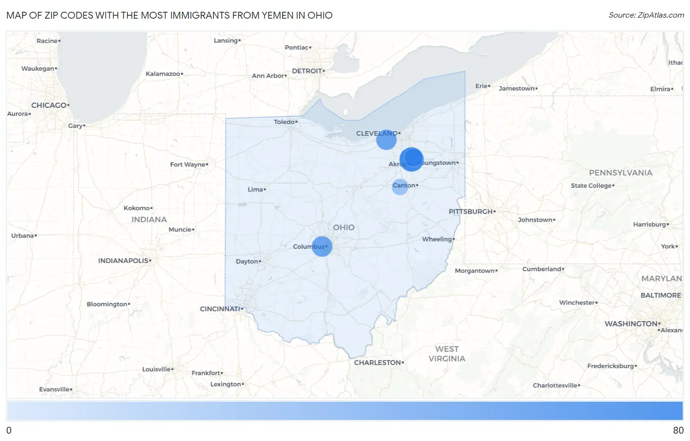 Zip Codes with the Most Immigrants from Yemen in Ohio Map