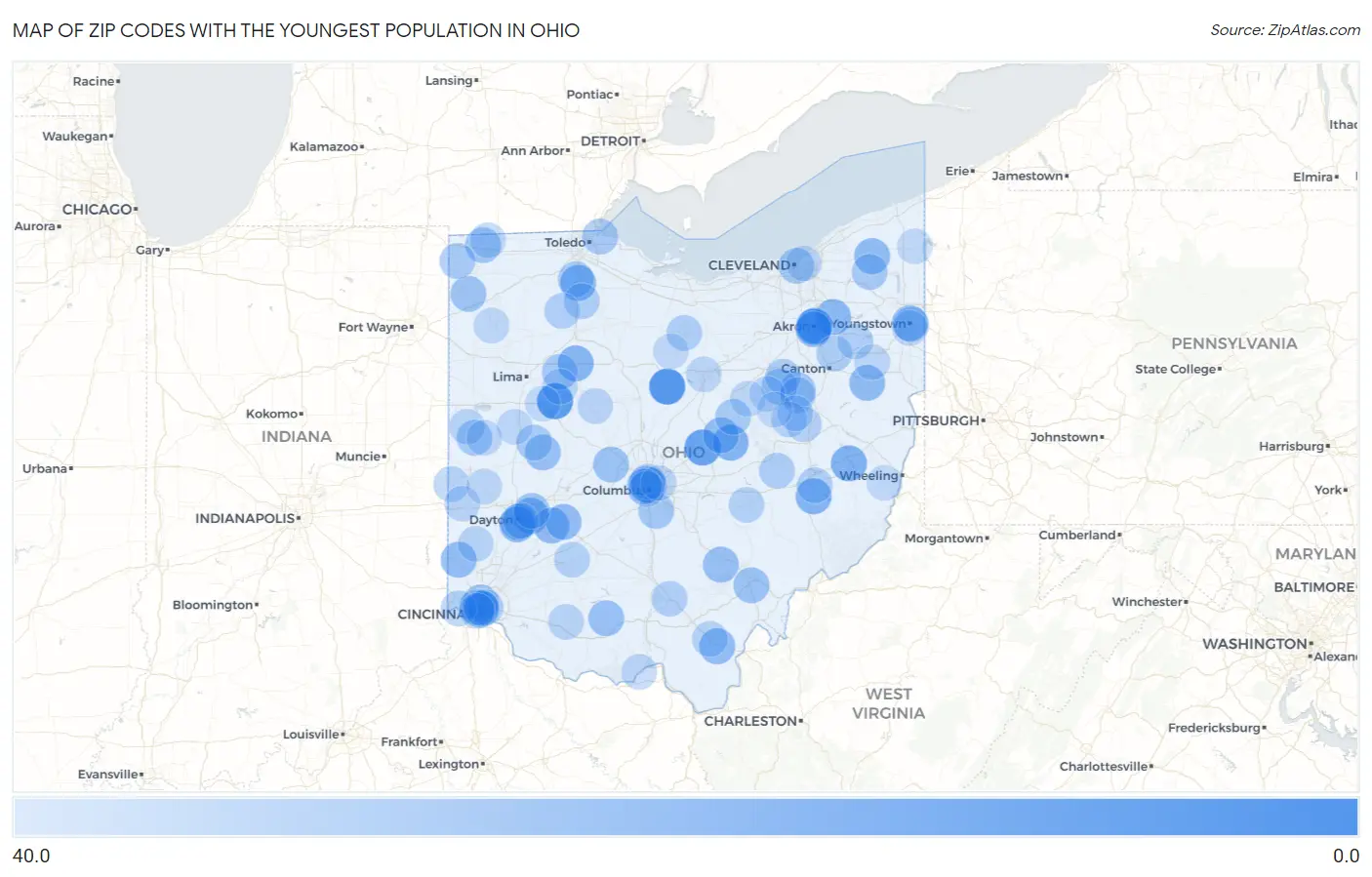 Zip Codes with the Youngest Population in Ohio Map