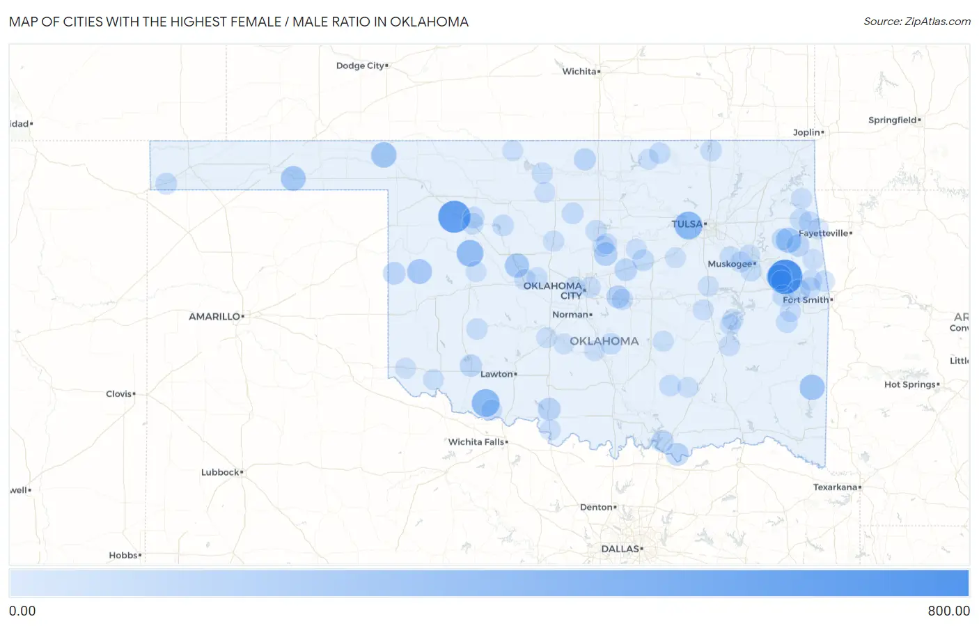 Cities with the Highest Female / Male Ratio in Oklahoma Map