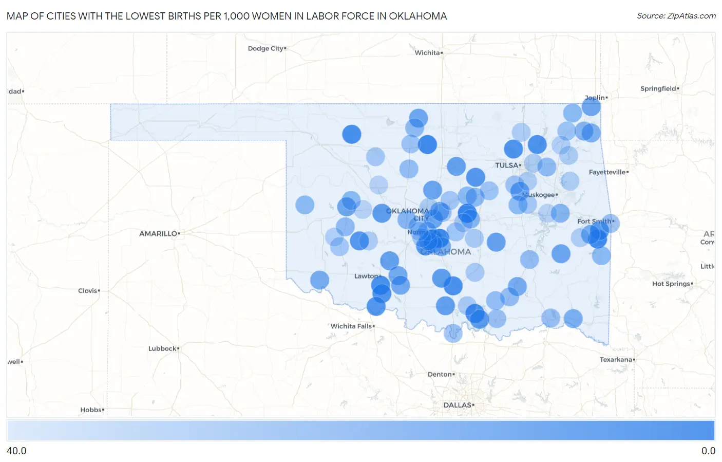 Cities with the Lowest Births per 1,000 Women in Labor Force in Oklahoma Map