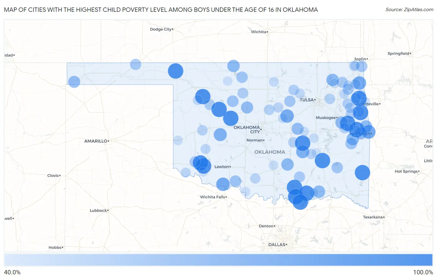 Cities with the Highest Child Poverty Level Among Boys Under the Age of 16 in Oklahoma Map