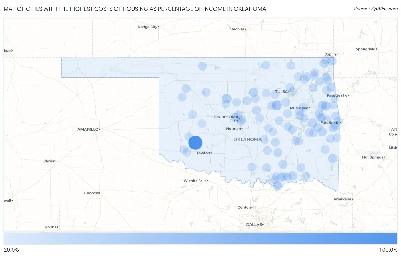 Cities with the Highest Costs of Housing as Percentage of Income in Oklahoma Map