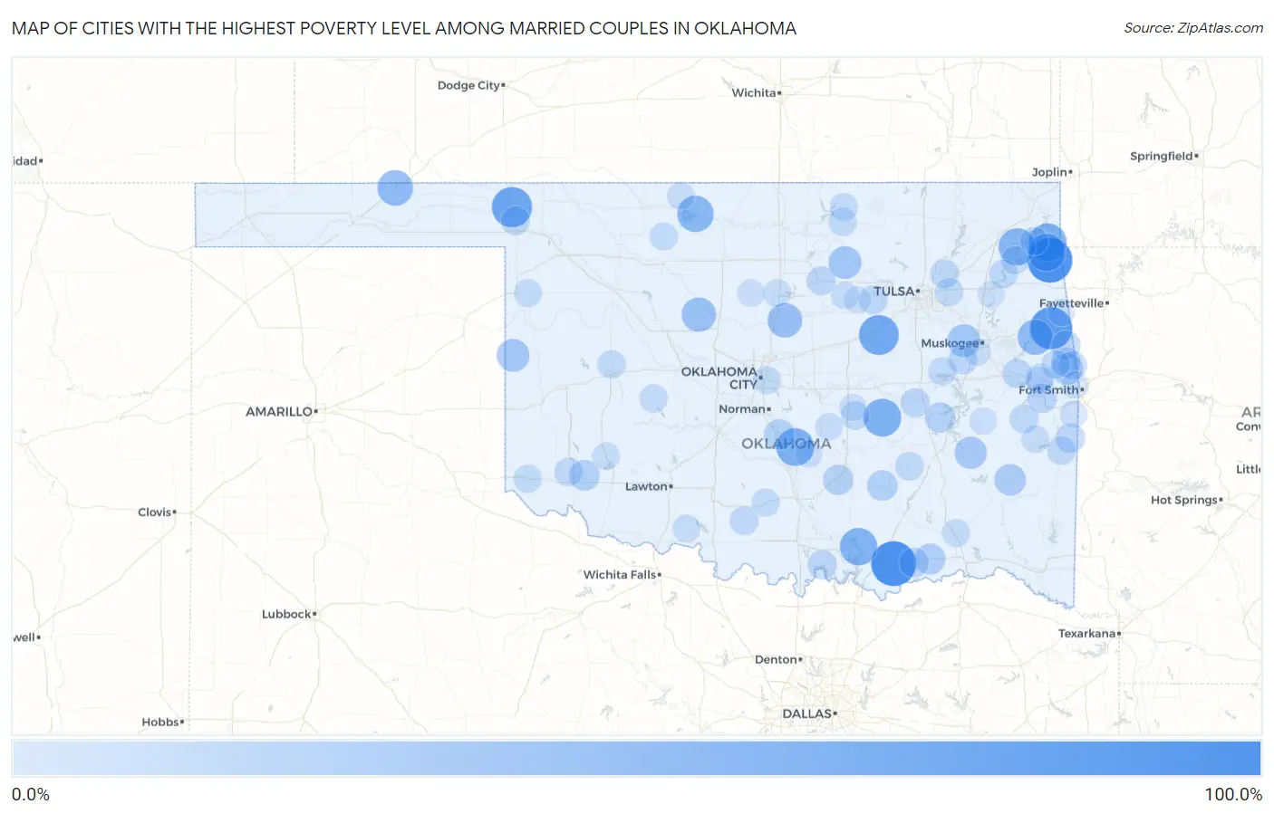 Cities with the Highest Poverty Level Among Married Couples in Oklahoma Map