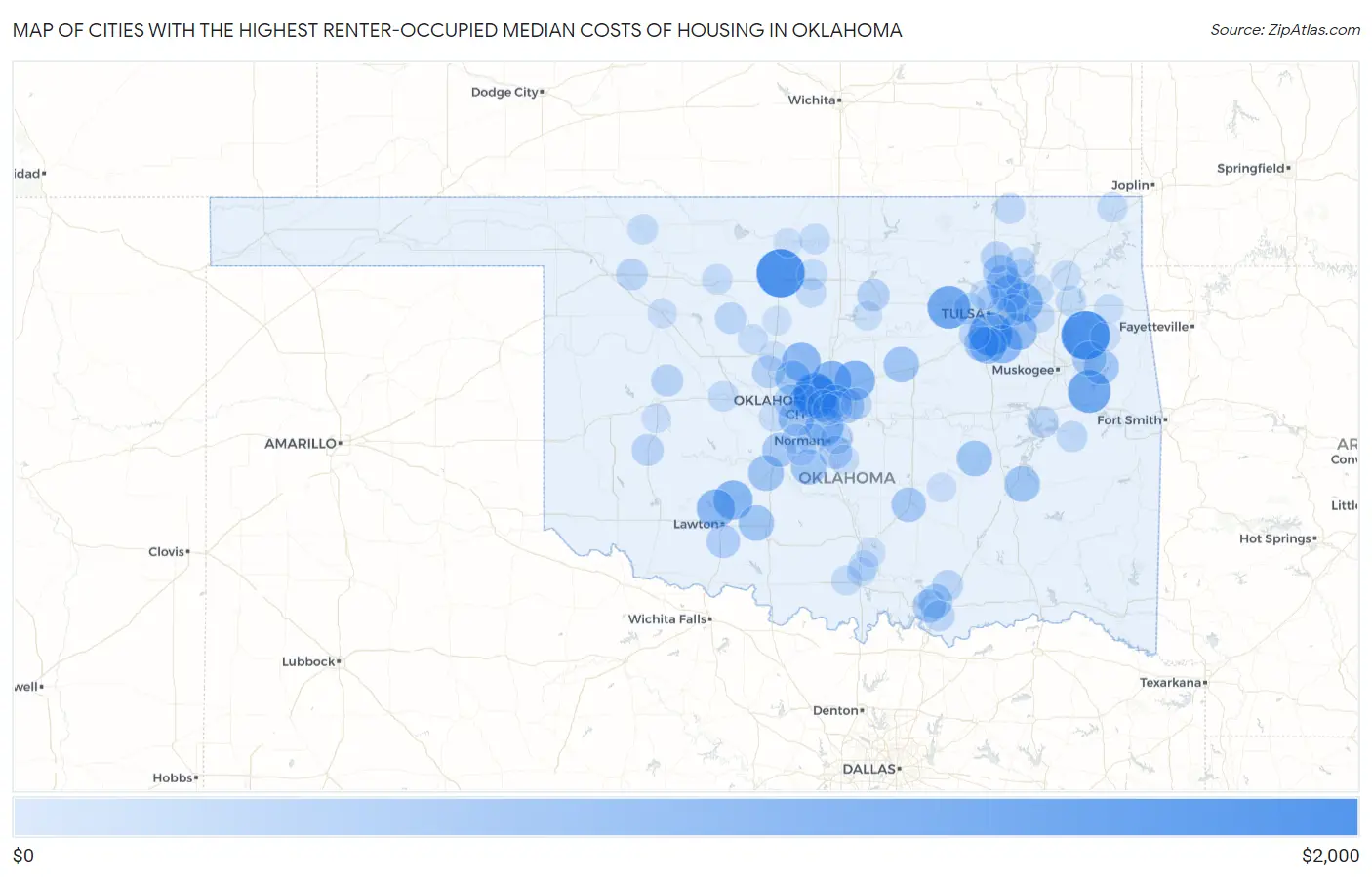 Cities with the Highest Renter-Occupied Median Costs of Housing in Oklahoma Map