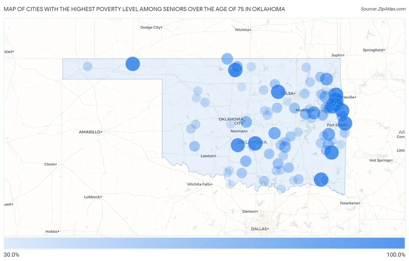 Cities with the Highest Poverty Level Among Seniors Over the Age of 75 in Oklahoma Map