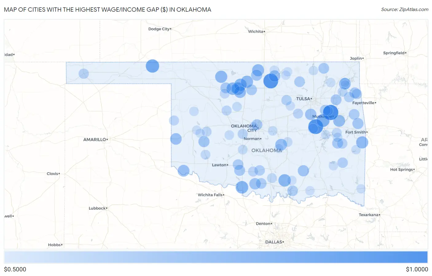 Cities with the Highest Wage/Income Gap ($) in Oklahoma Map