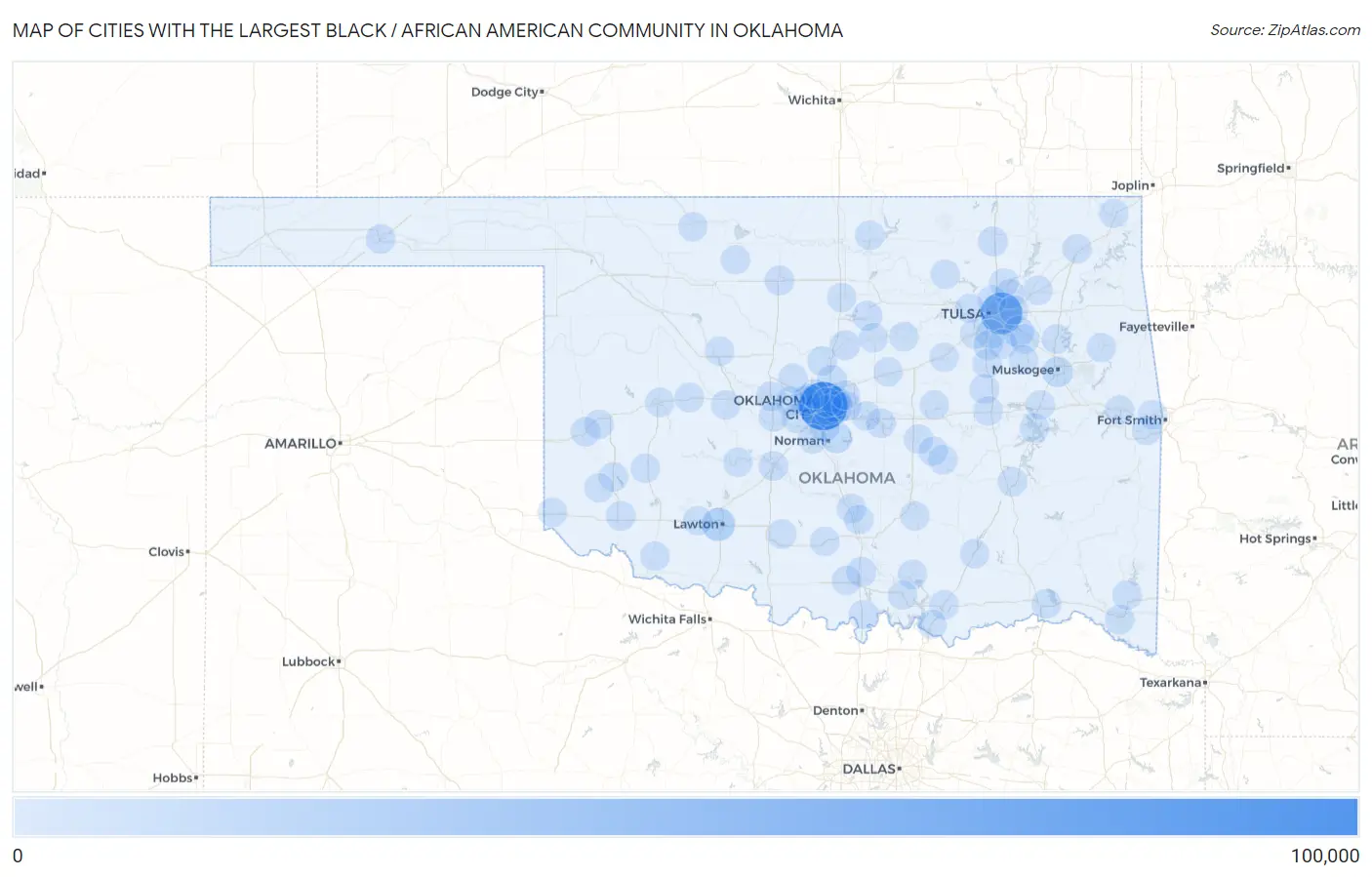 Cities with the Largest Black / African American Community in Oklahoma Map