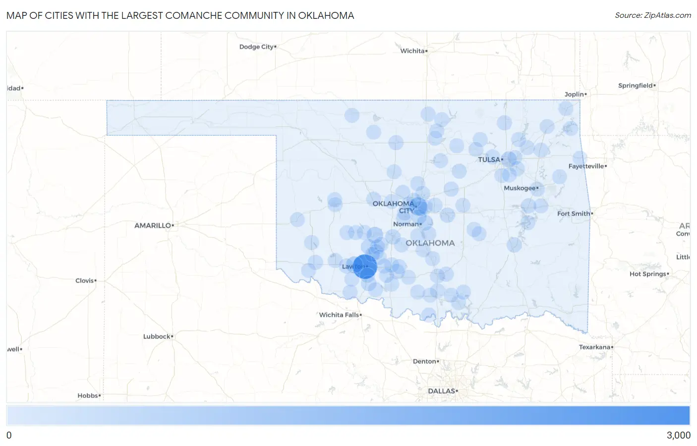 Cities with the Largest Comanche Community in Oklahoma Map